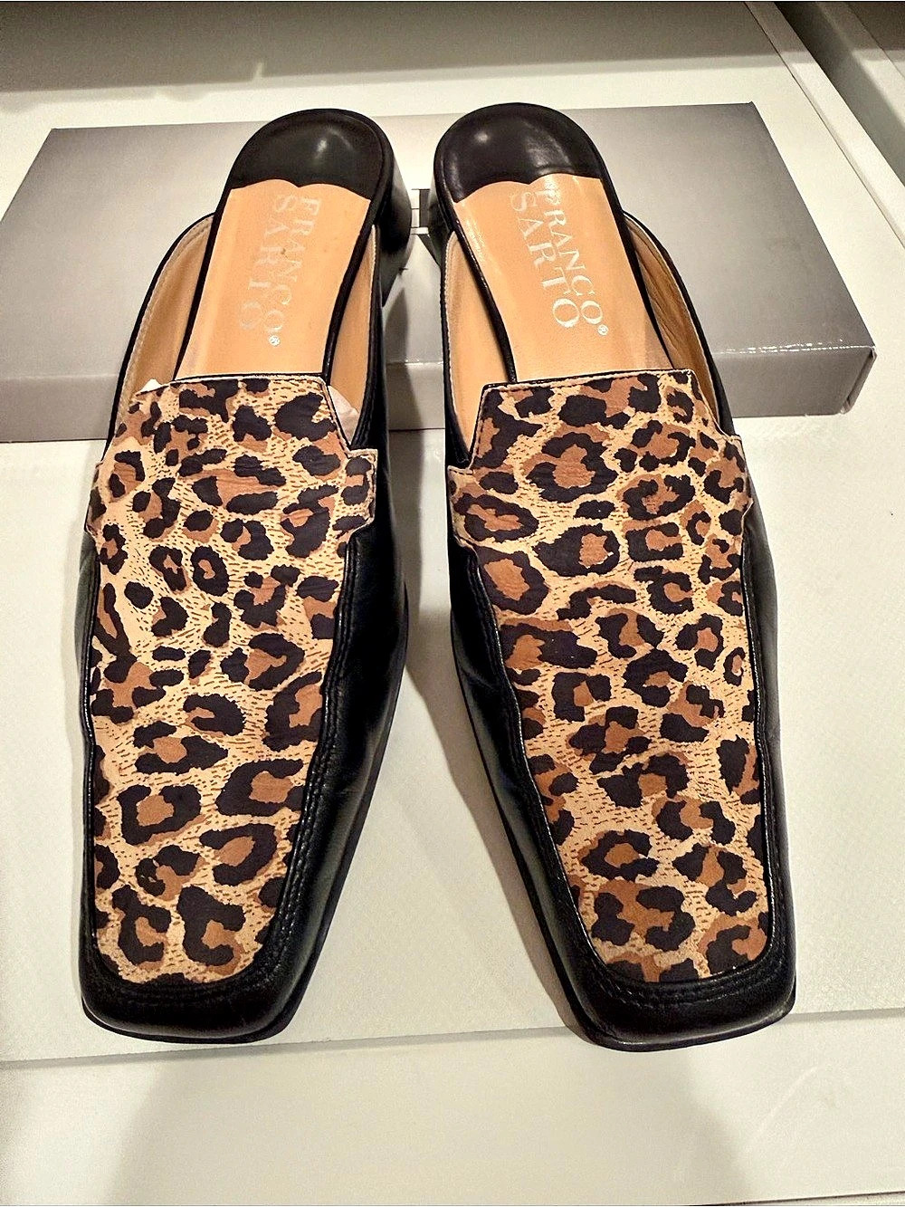 Franco Sarto Olena Leopard Print Suede Mules in Black & Tan